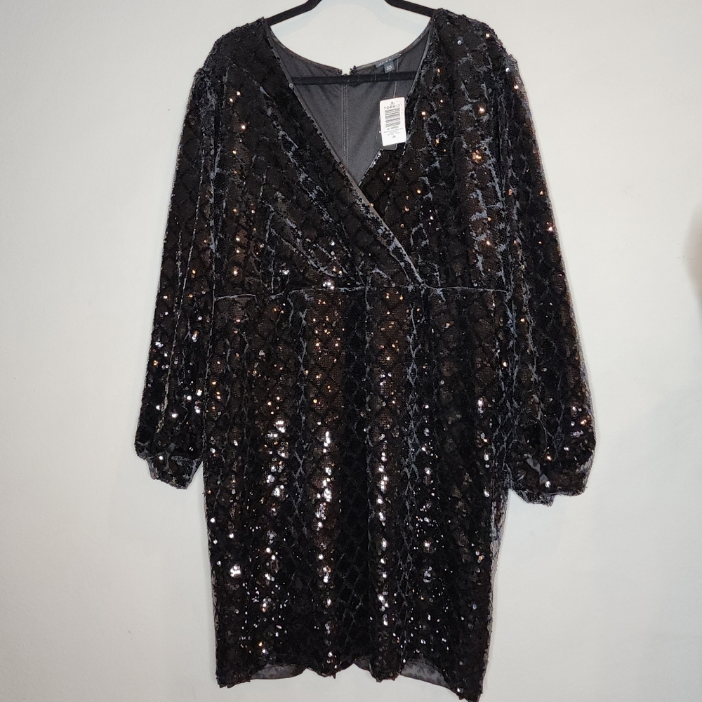 NWT Torrid Velour‎ Sequin Surplice Black Long Sleeve Mini Dress Plus Size 26 4X
